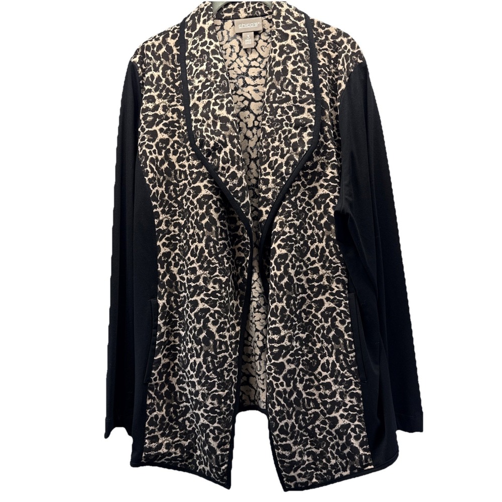 Chicos Women's Blazer Jacket Size XL Black Tan Leopard Animal Long Sleeve Open